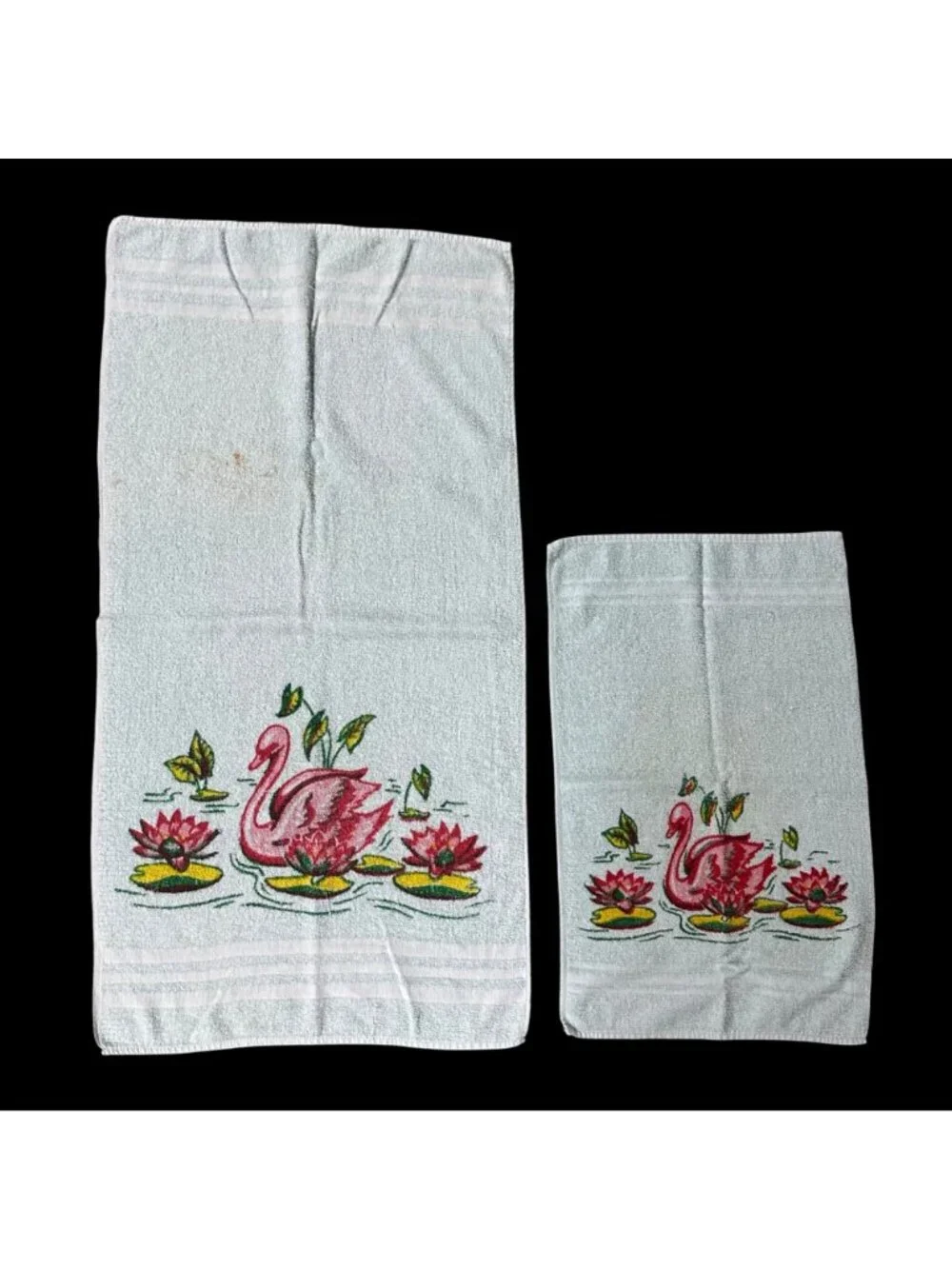 Vintage Bath Hand Towel Set Pink Swan Lily Pads 1950s Retro Bathroom Decor